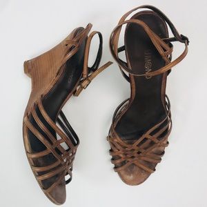 Dumond brown leather strappy wedges